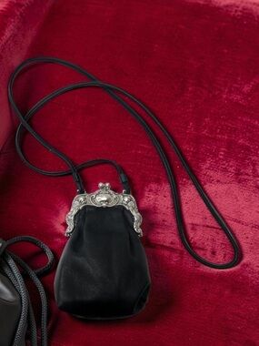 Brighton One World Small Stacy black leather crossbody bag purse silver kisslock